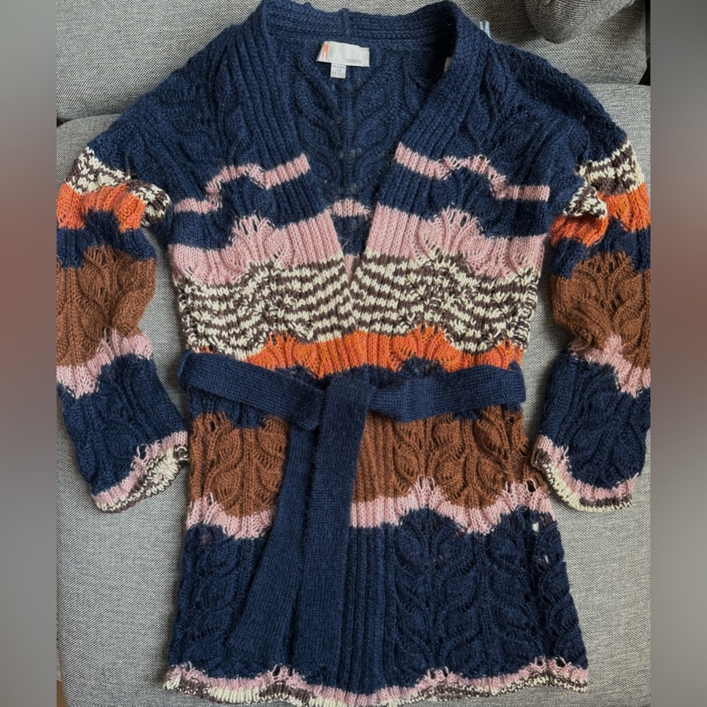 Cable-Knit Belted Cardigan in Navy with Pink & Brown Stripes